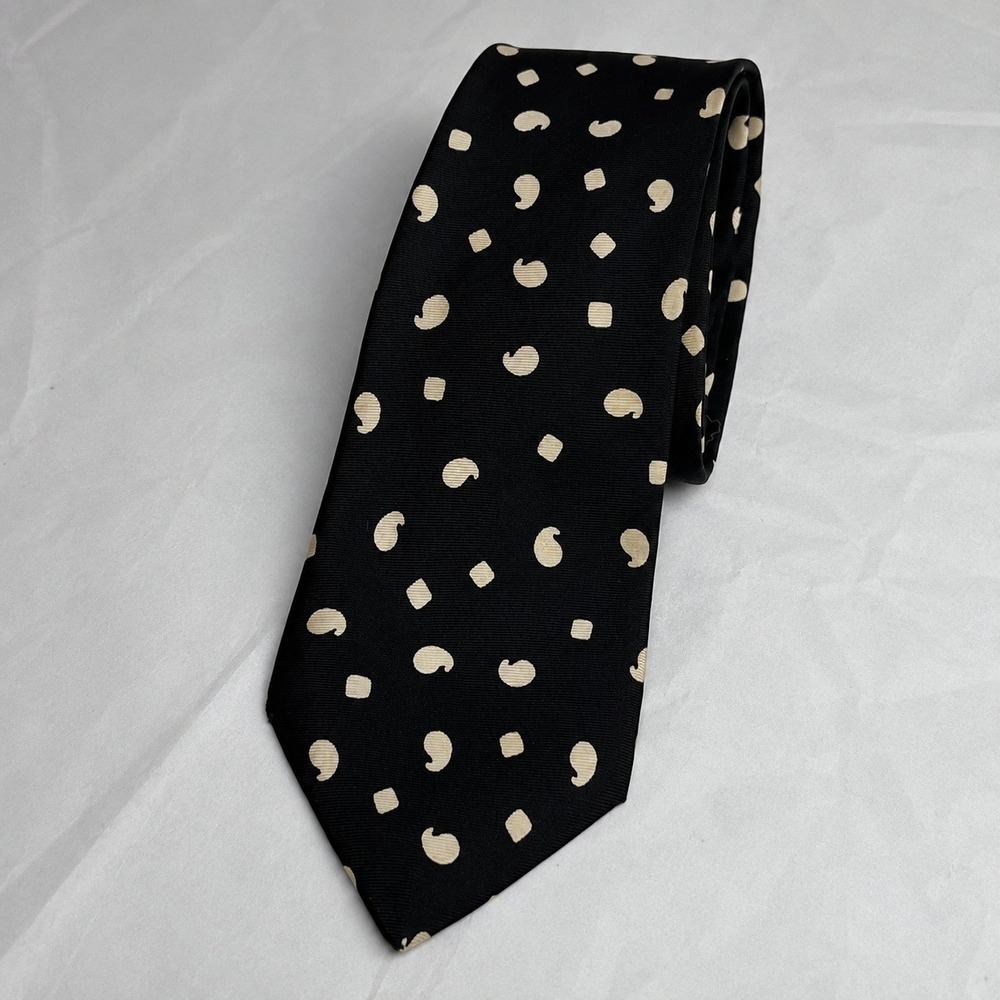 Vintage Yves Saint Laurent YSL Neckwear Tie Black Cream Geometric Paisley 3.5"